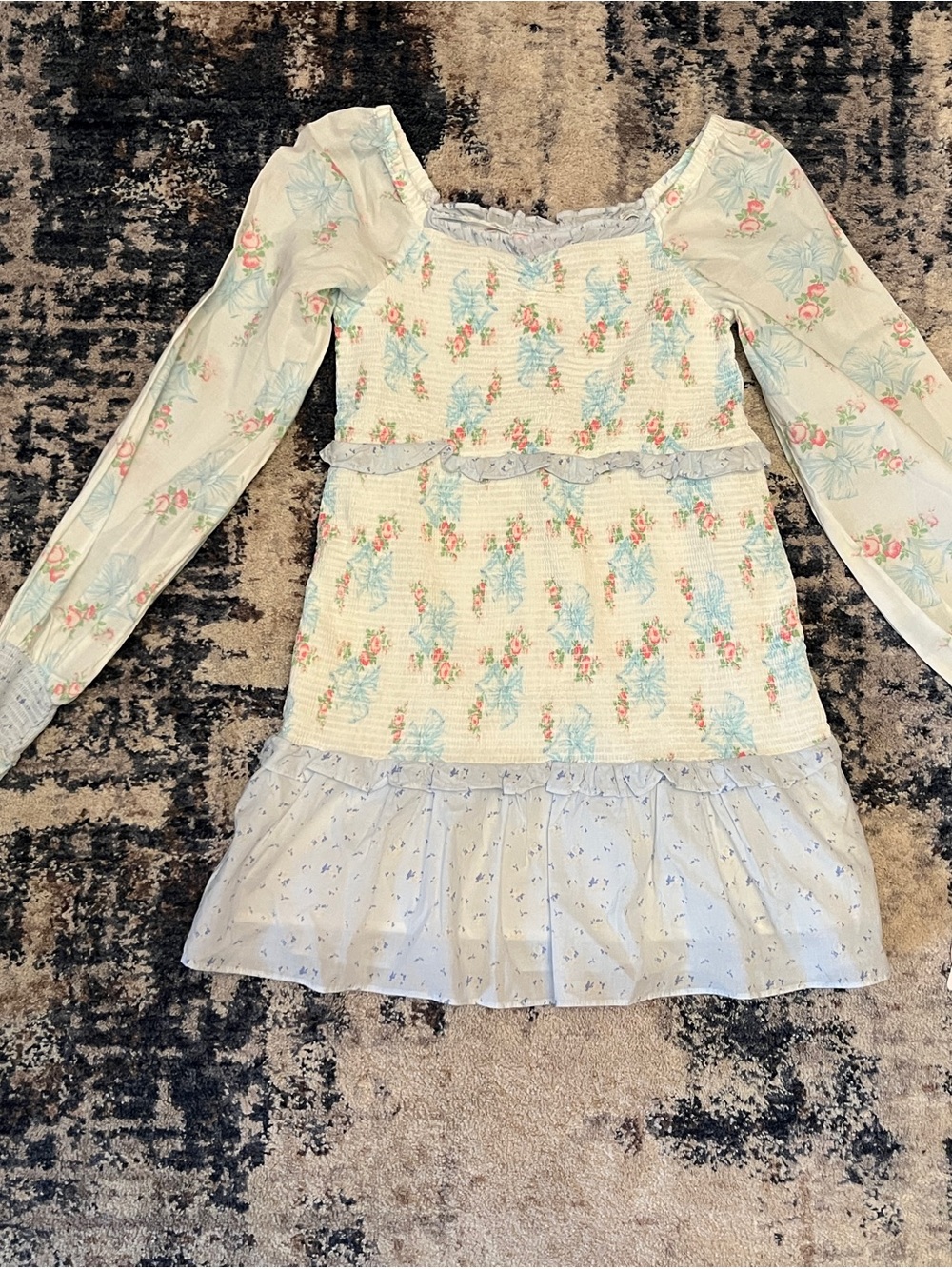 LoveShackFancy Girls Floral Smocked Dress in Light Blue and Pink